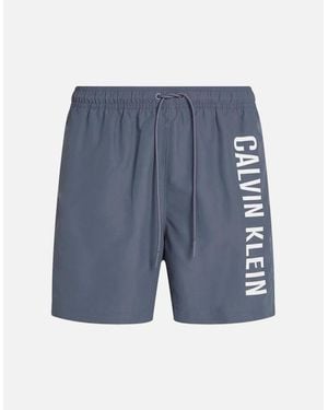 Calvin Klein Medium Leg Length Drawstring Side Logo Swim Shorts, Grisaille - Blue