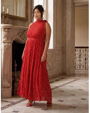 Live Unlimited London Polka Dot Halter Neck Maxi Dress - Red