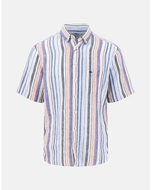 Fynch-Hatton Colourful Stripes Linen Button Down Short Sleeved Shirt Tangerine - White
