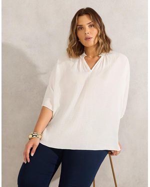 Live Unlimited London Ivory Dolman Sleeve Gathered Neck Top - White