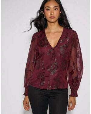 Gini London Plum Floral Sparkle Jacquard Blouse - Red