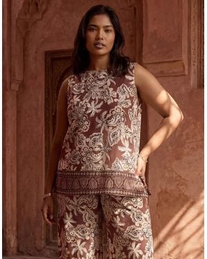 Live Unlimited London Paisley Border Placement Print Sleeveless Top - Brown