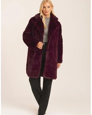 Gini London Plum Faux Fur Lapel Collar Longline Coat - Red