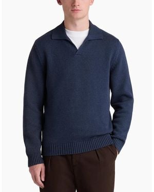 Remus Uomo Collared V Neck Cotton Jumper - Blue