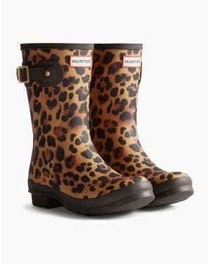 HUNTER Original Short Leopard Boot Rubber Leopard Print/Chocolate Wellington Boots - Brown