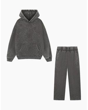 Magrit Embroidered Acid Wash Hoodie & Jogger Tracksuit - Grey