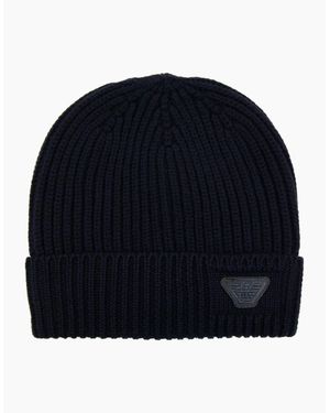 Emporio Armani Rubber Logo Beanie - Blue