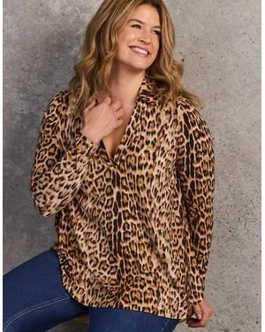 Live Unlimited London Animal Print Long Sleeve Jersey Polo Neck Top - Brown