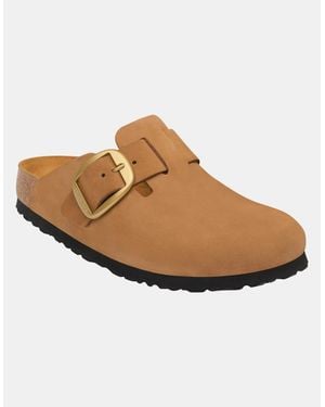 Birkenstock Boston Big Buckle Nubuck Leather Clogs - Brown