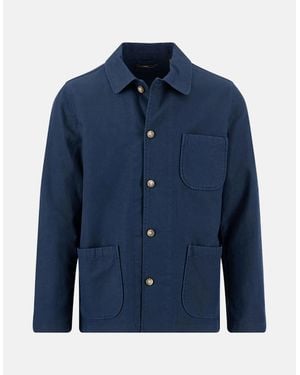 Fynch-Hatton Linen Blend Twill Worker Jacket Overshirt Dark - Blue