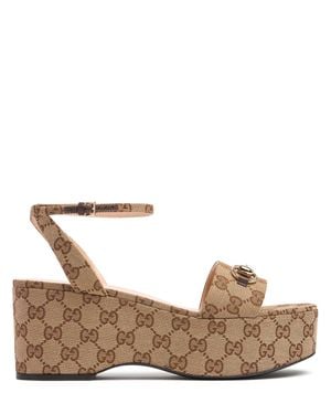 Gucci 75Mm Horsebit Canvas Flatform Sandals - Brown