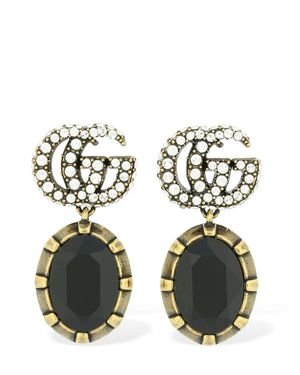 Gucci Orecchini Con Doppia G E Cristalli Neri - Nero