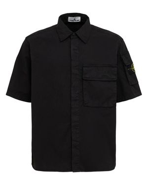 Stone Island Hombre Camisa De Sarga De Algodón Stretch - Negro