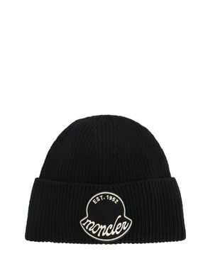Moncler Uomo Logo Patch Wool Beanie - Black