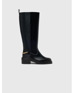Maje Flat Leather Boots With Chain - Black