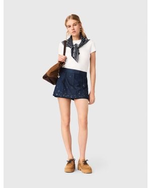 Maje Embroidered Layered Denim Shorts - Blue