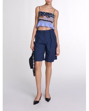 Maje Printed Smocked Crop Top - Blue