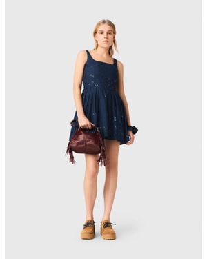 Maje Flared Embroidered Denim Dress - Blue