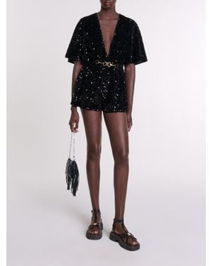 Maje Sequinned Velvet Playsuit - Black