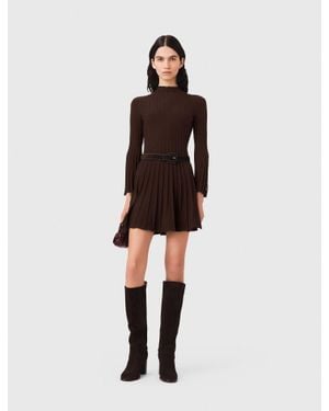 Maje High-Neck Mini Skater Dress - Brown