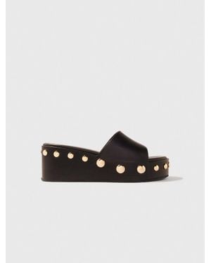 Maje Leather Studded Wedge Mules - Natural