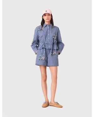 Maje Cropped Embroidered Striped Shirt - Blue