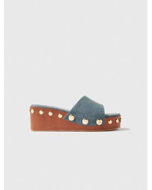 Maje Denim Studded Wedge Mules - Multicolour