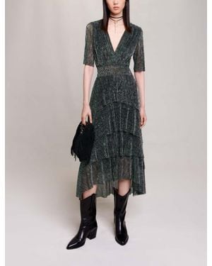 Maje Metallic Fiber Dress With Ruffles - Natural