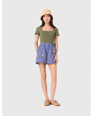 Maje Embroidered Striped Cotton Shorts - Blue