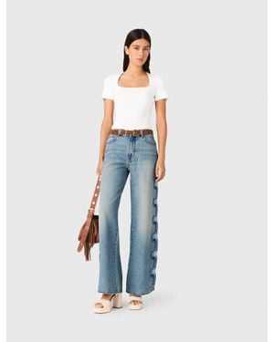 Maje Floral Embroidered Wide-Leg Jeans - Blue