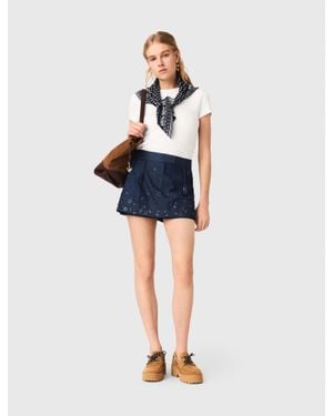 Maje Embroidered Layered Denim Shorts - Blue