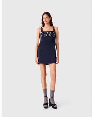 Maje Robe Courte En Satin Brodée - Bleu