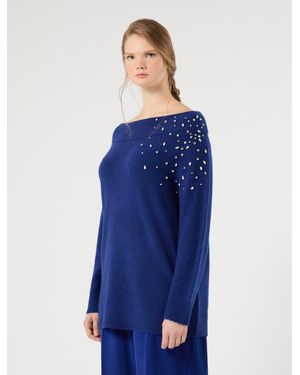 Marina Rinaldi Pullover Aus Wolle Und Alpaka Mit Strass - Blau