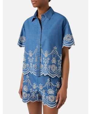 MC2 Saint Barth Clementine Chambray Shirt With Floral Embroidery - Blu