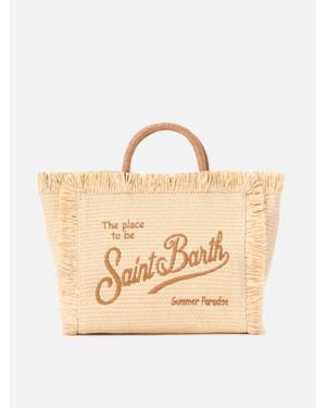 MC2 Saint Barth Colette Straw Effect Bag With Embroidered Logo - Neutro