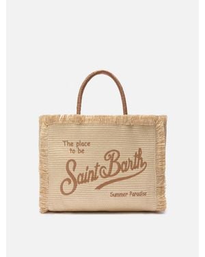 MC2 Saint Barth Regular Vanity Straw Effect Bag With Embroidered Logo - Neutro