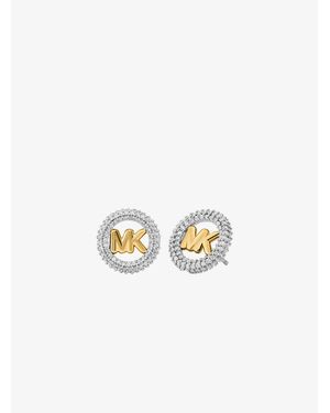 Michael Kors Mk Petits Clous D'Oreilles Bicolores Avec Breloque Logo À Pierres Pavées - Blanc