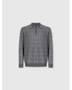 Missoni Long-Sleeve Cashmere Zig Zag Polo Shirt - Grey