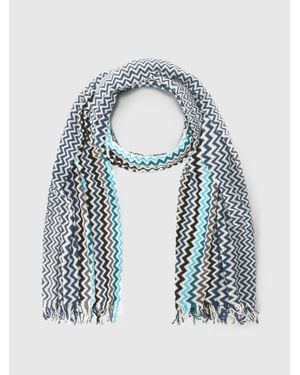 Missoni Cotton Zigzag Scarf With Fringed Edge - Blue