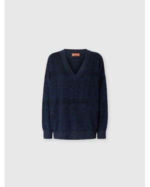Missoni Pull Col V Zig Zag En Viscose Et Laine, Femme, Taille - Bleu