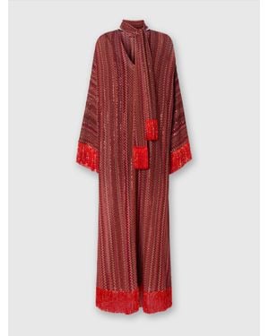 Missoni Zigzag Kaftan With Sequins And V-Neck And Removable Scarf With Fringes - Red