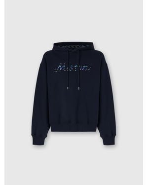 Missoni Cotton Sweatshirt With Hood, Zig Zag Insert And Logo - Blue