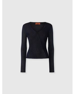 Missoni Gerippter Pullover Aus Viskose-Lamé Mit V-Ausschnitt, Damen, Größe - Blau