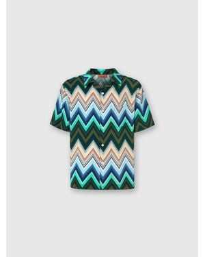 Missoni Viscose Bowling Shirt With Macro Zigzag And Breast Pocket - Blue