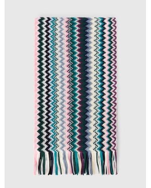 Missoni Zigzag Wool Scarf With Fringes - Blue