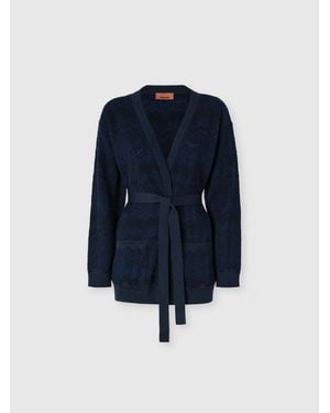 Missoni Cardigan Zig Zag En Viscose Et Laine Avec Ceinture, Femme, Taille - Bleu