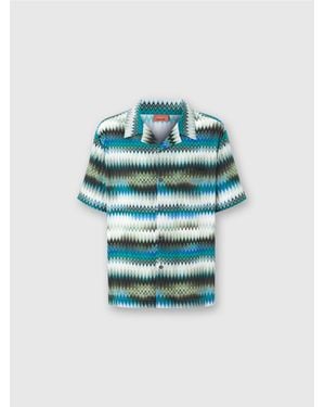 Missoni Bowling Shirt With Gradient Micro Zig Zag Print And Breast Pocket - Blue