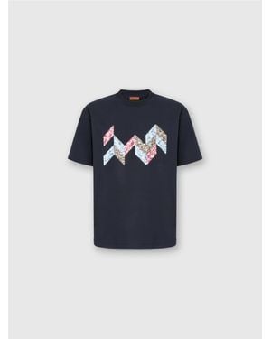 Missoni Short Sleeve T-Shirt With Flame Zigzag Insert And Logo - Blue