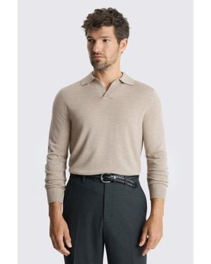 Moss Taupe Merino Skipper Polo Shirt - Natural