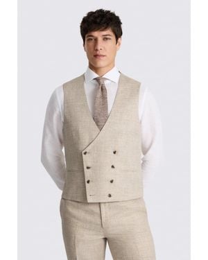 Moss Tailored Fit Neutral Delave Linen Waistcoat - Natural
